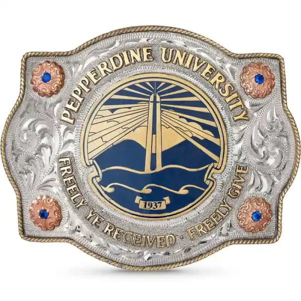 Light up your graduation celebration with the Malibu Belt Buckle. Crafted on a hand-engraved German Silver base, features Copper flowers and Bronze lettering encircling your custom school emblem!